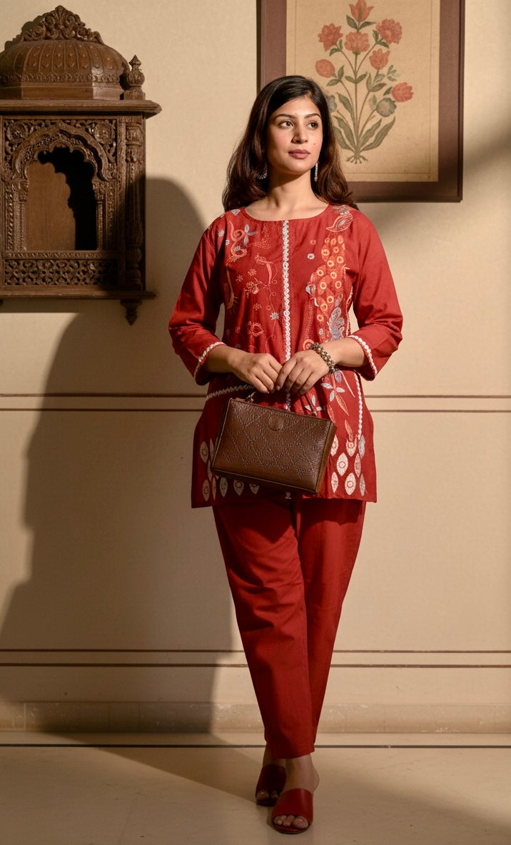 Embroidered Cotton Co-Ord Set with Straight Pants – Available in Rust & Cream