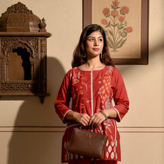 Embroidered Cotton Co-Ord Set with Straight Pants – Available in Rust & Cream