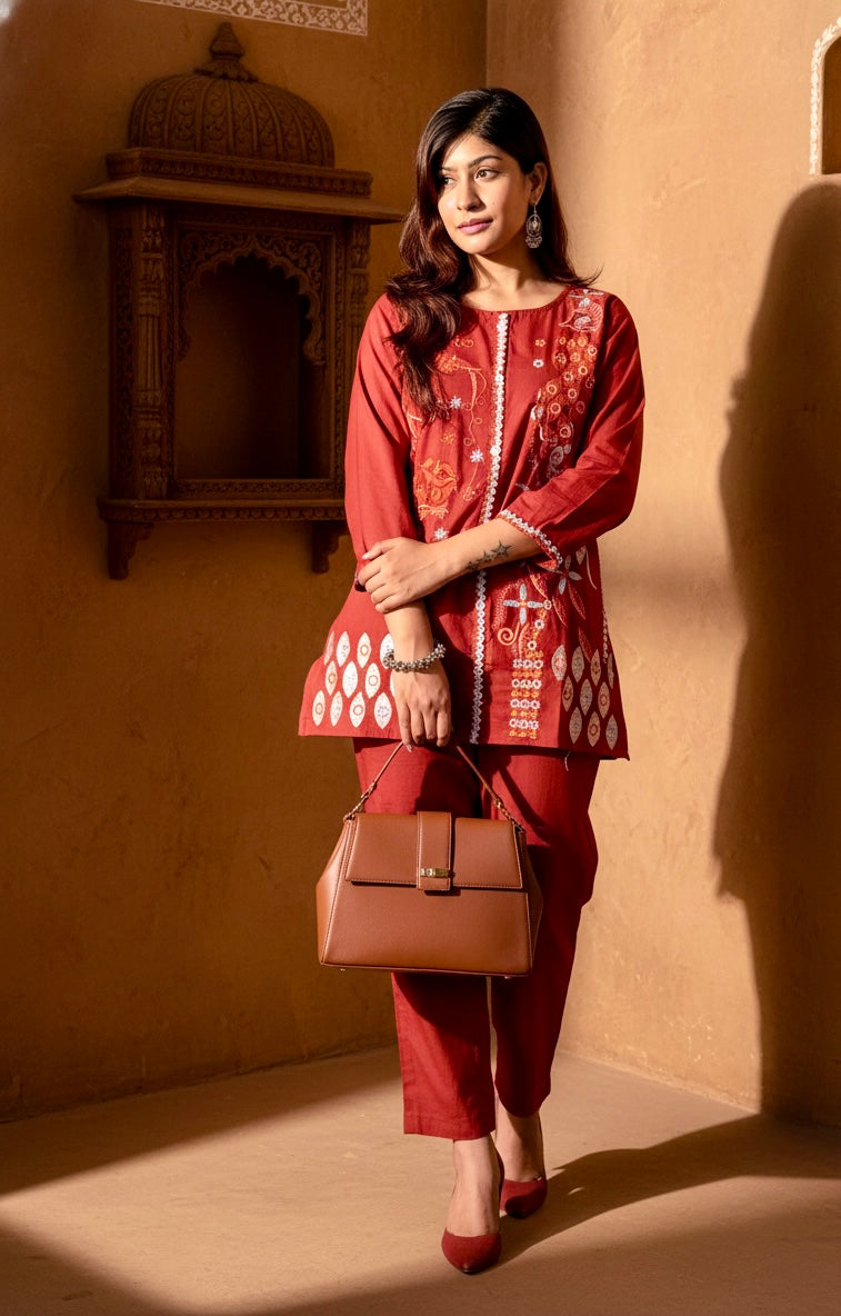 Embroidered Cotton Co-Ord Set with Straight Pants – Available in Rust & Cream
