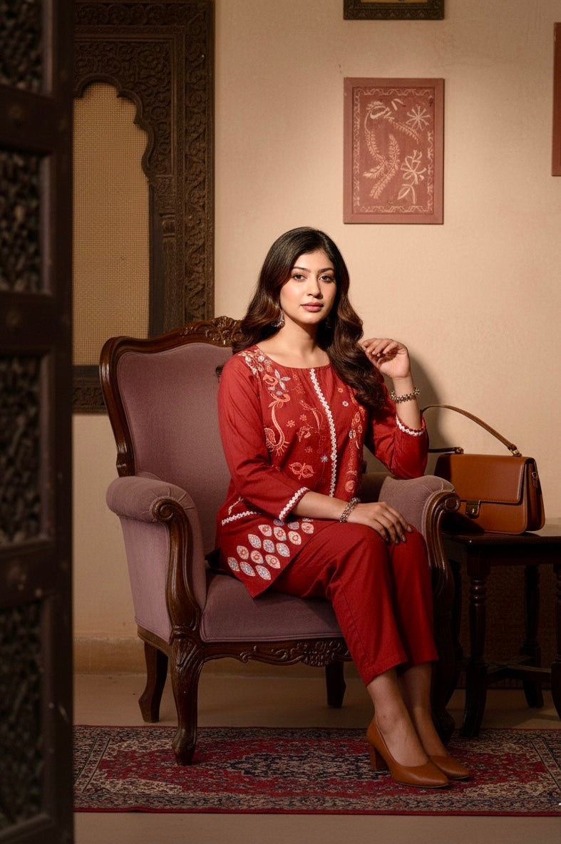 Embroidered Cotton Co-Ord Set with Straight Pants – Available in Rust & Cream