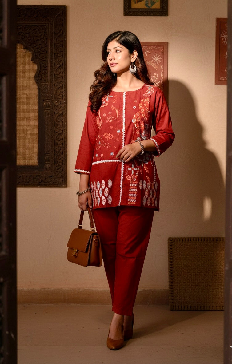 Embroidered Cotton Co-Ord Set with Straight Pants – Available in Rust & Cream