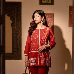 Embroidered Cotton Co-Ord Set with Straight Pants – Available in Rust & Cream