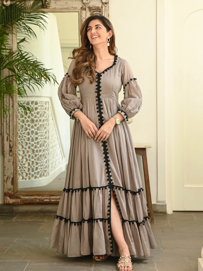 Elegant Brown Rayon Flared Gown with Lacework Detailing