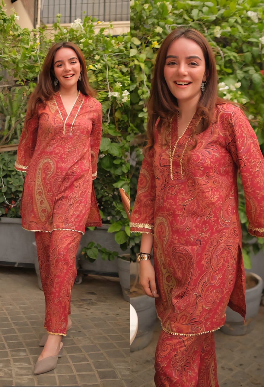 Rust Paisley Printed Kurta Set with Gold Lace Detailing