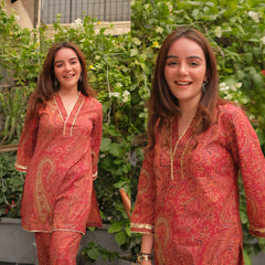 Rust Paisley Printed Kurta Set with Gold Lace Detailing