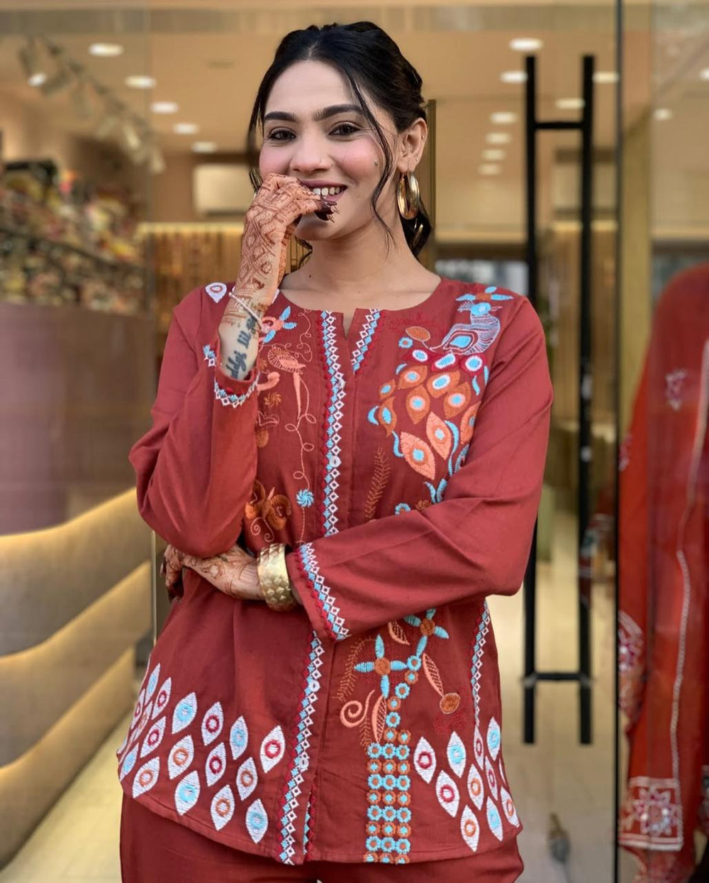 Embroidered Cotton Co-Ord Set with Straight Pants – Available in Rust & Cream