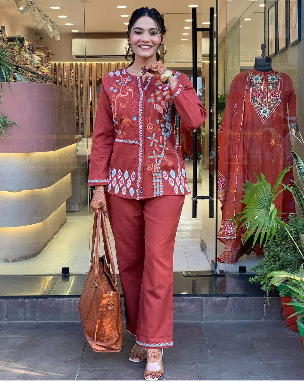 Embroidered Cotton Co-Ord Set with Straight Pants – Available in Rust & Cream