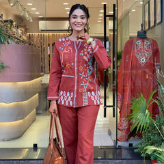 Embroidered Cotton Co-Ord Set with Straight Pants – Available in Rust & Cream