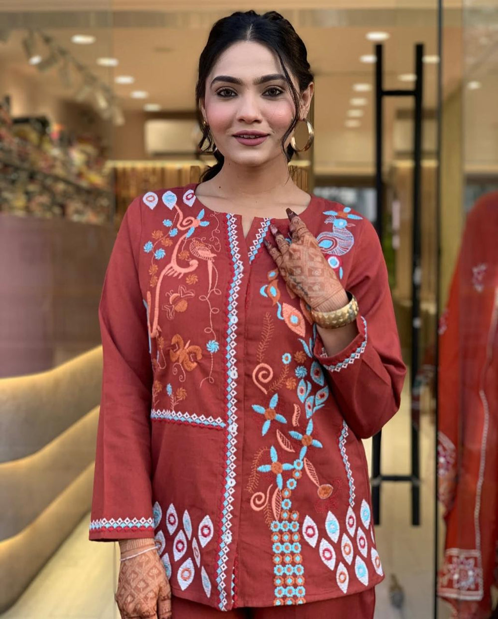 Embroidered Cotton Co-Ord Set with Straight Pants – Available in Rust & Cream