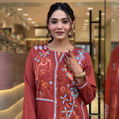 Embroidered Cotton Co-Ord Set with Straight Pants – Available in Rust & Cream