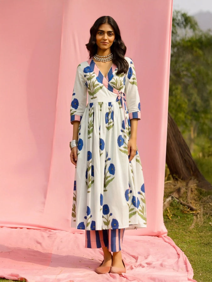 White Floral Printed Wrap Kurta with Striped Pants