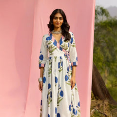 White Floral Printed Wrap Kurta with Striped Pants