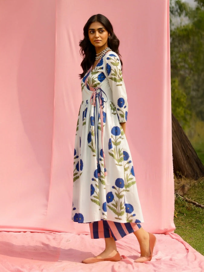 White Floral Printed Wrap Kurta with Striped Pants