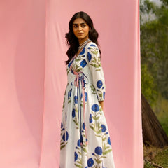 White Floral Printed Wrap Kurta with Striped Pants