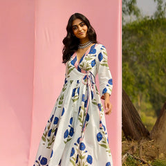 White Floral Printed Wrap Kurta with Striped Pants