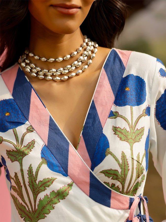 White Floral Printed Wrap Kurta with Striped Pants