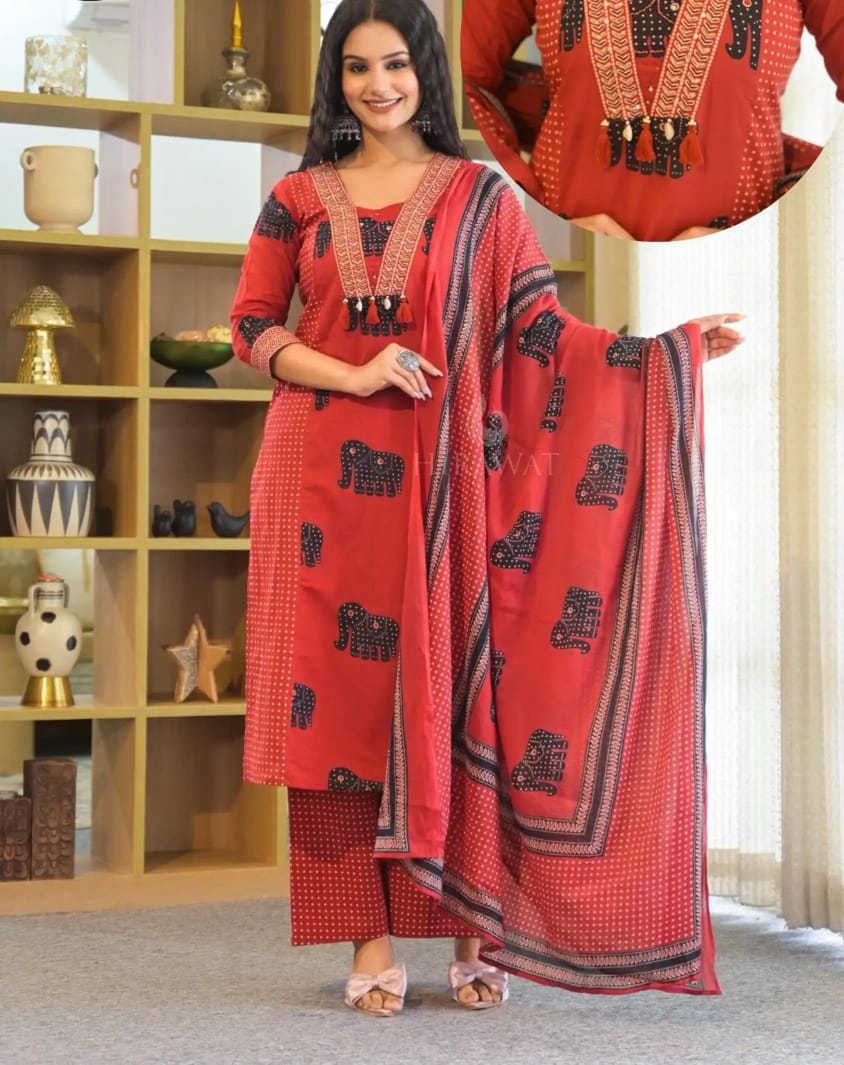 Red Elephant Print Cotton Kurta Set with Matching Dupatta