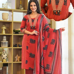 Red Elephant Print Cotton Kurta Set with Matching Dupatta