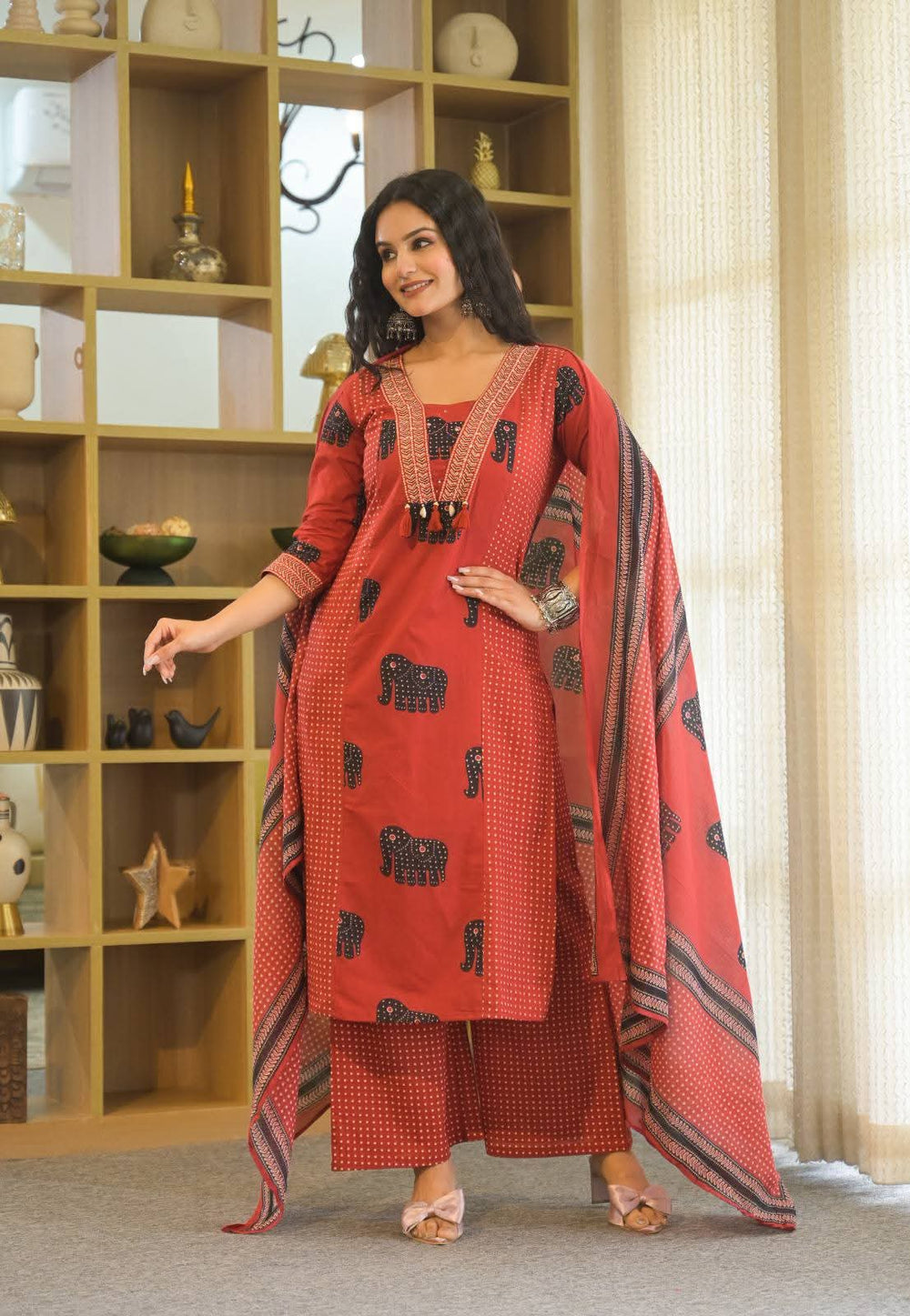 Red Elephant Print Cotton Kurta Set with Matching Dupatta