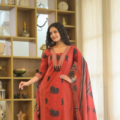 Red Elephant Print Cotton Kurta Set with Matching Dupatta