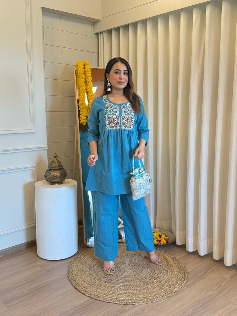 Embroidered Short Kurta Pant Set – Teal Blue, Mustard, Maroon & Light Blue