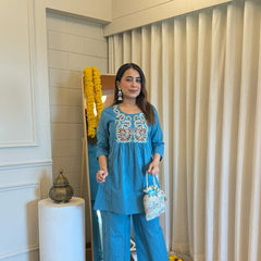 Embroidered Short Kurta Pant Set – Teal Blue, Mustard, Maroon & Light Blue
