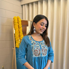 Embroidered Short Kurta Pant Set – Teal Blue, Mustard, Maroon & Light Blue