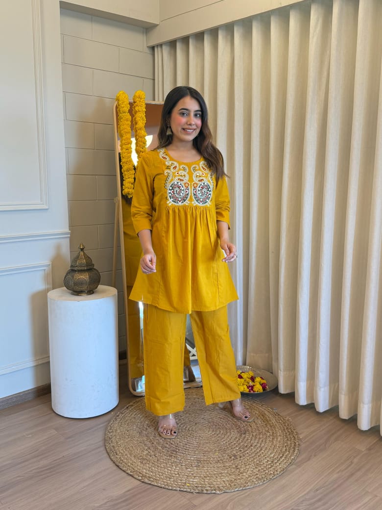 Embroidered Short Kurta Pant Set – Teal Blue, Mustard, Maroon & Light Blue
