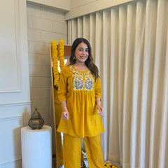 Embroidered Short Kurta Pant Set – Teal Blue, Mustard, Maroon & Light Blue