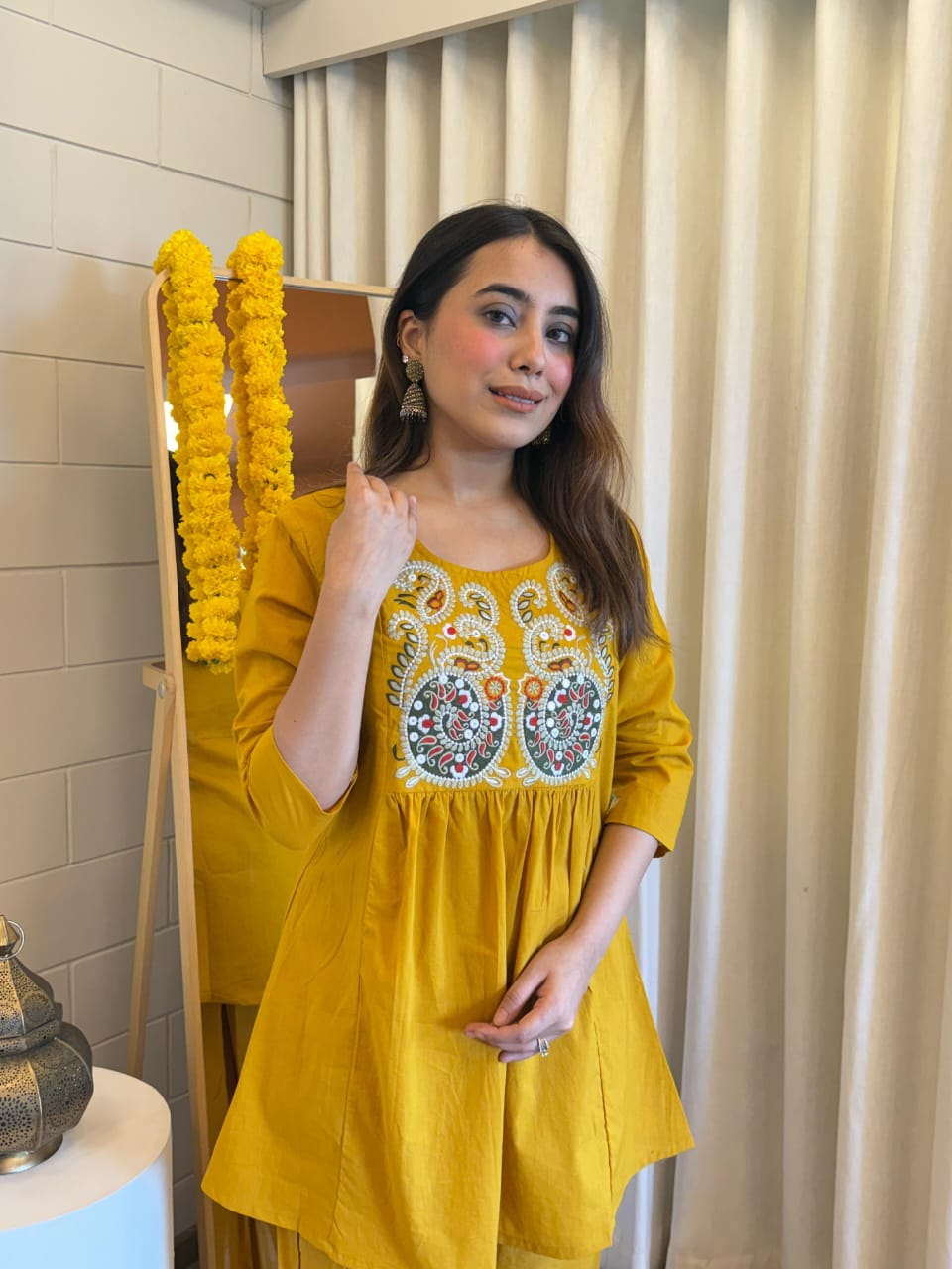 Embroidered Short Kurta Pant Set – Teal Blue, Mustard, Maroon & Light Blue