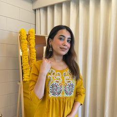 Embroidered Short Kurta Pant Set – Teal Blue, Mustard, Maroon & Light Blue