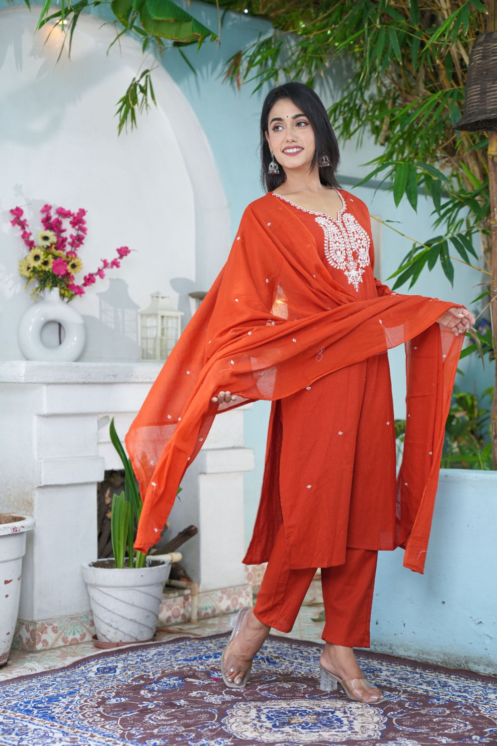 Elegant Hand-Embroidered Cotton Kurta Set with Dupatta