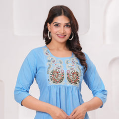 Embroidered Short Kurta Pant Set – Teal Blue, Mustard, Maroon & Light Blue