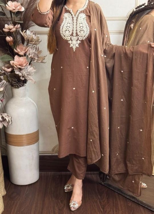 Elegant Hand-Embroidered Cotton Kurta Set with Dupatta