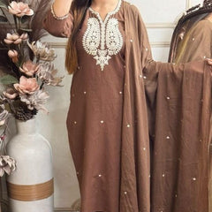 Elegant Hand-Embroidered Cotton Kurta Set with Dupatta