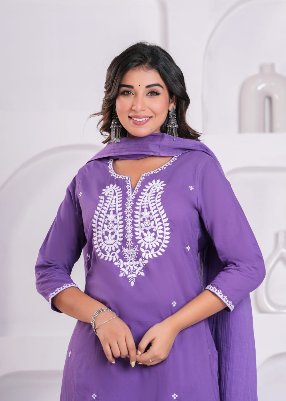 Elegant Hand-Embroidered Cotton Kurta Set with Dupatta
