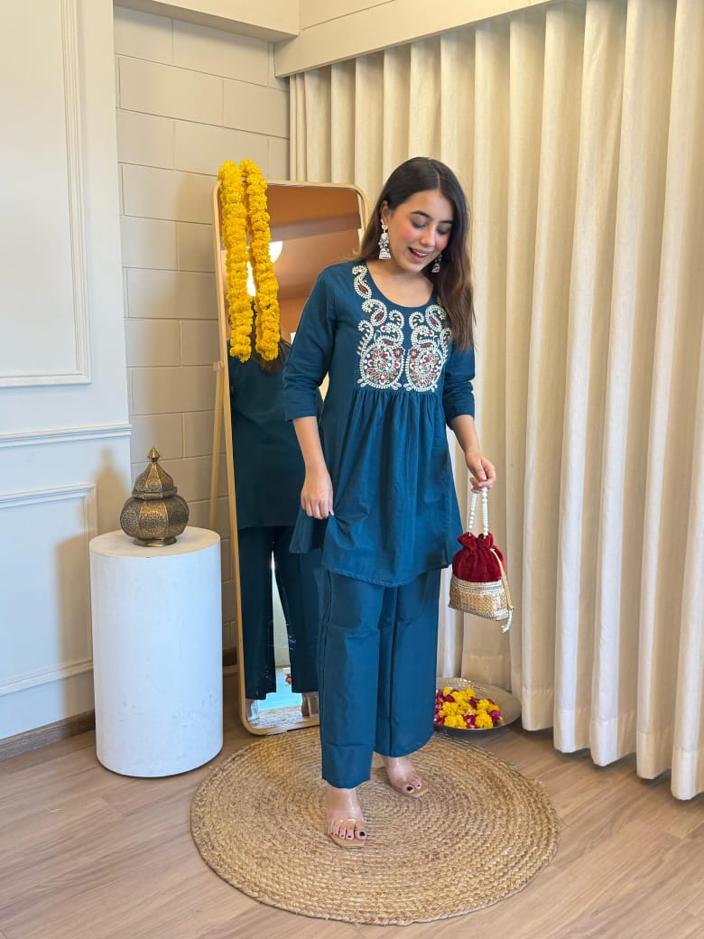 Embroidered Short Kurta Pant Set – Teal Blue, Mustard, Maroon & Light Blue