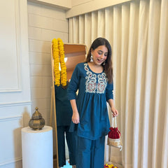 Embroidered Short Kurta Pant Set – Teal Blue, Mustard, Maroon & Light Blue