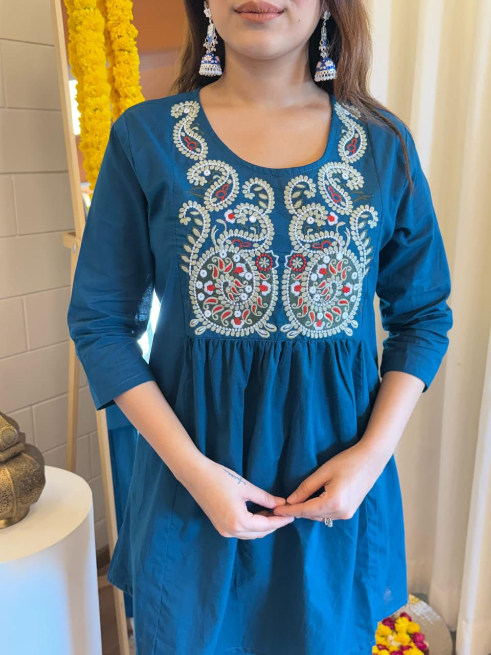 Embroidered Short Kurta Pant Set – Teal Blue, Mustard, Maroon & Light Blue