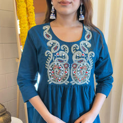 Embroidered Short Kurta Pant Set – Teal Blue, Mustard, Maroon & Light Blue