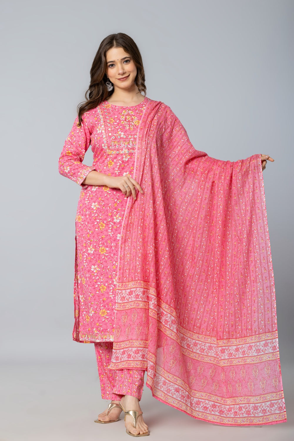 Pink Floral Printed Kurta Set with Pants & Dupatta