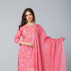 Pink Floral Printed Kurta Set with Pants & Dupatta