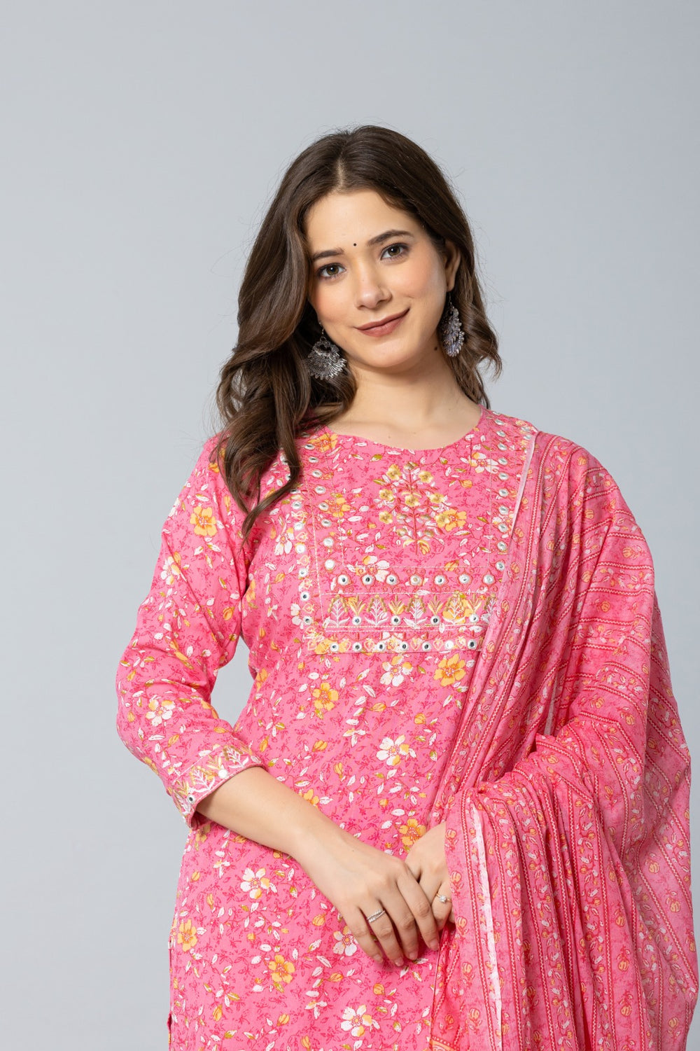 Pink Floral Printed Kurta Set with Pants & Dupatta