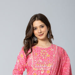 Pink Floral Printed Kurta Set with Pants & Dupatta