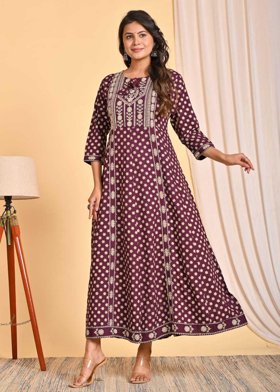 Maroon Printed A-Line Long Kurta with Ethnic MotifsMaroon Printed A-Line Long Kurta with Ethnic Motifs