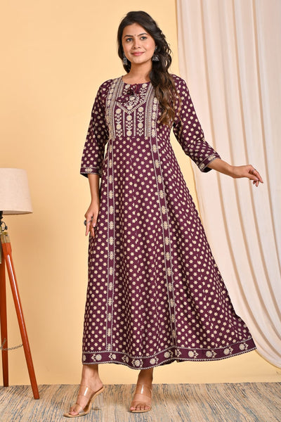 Maroon Printed A-Line Long Kurta with Ethnic MotifsMaroon Printed A-Line Long Kurta with Ethnic Motifs