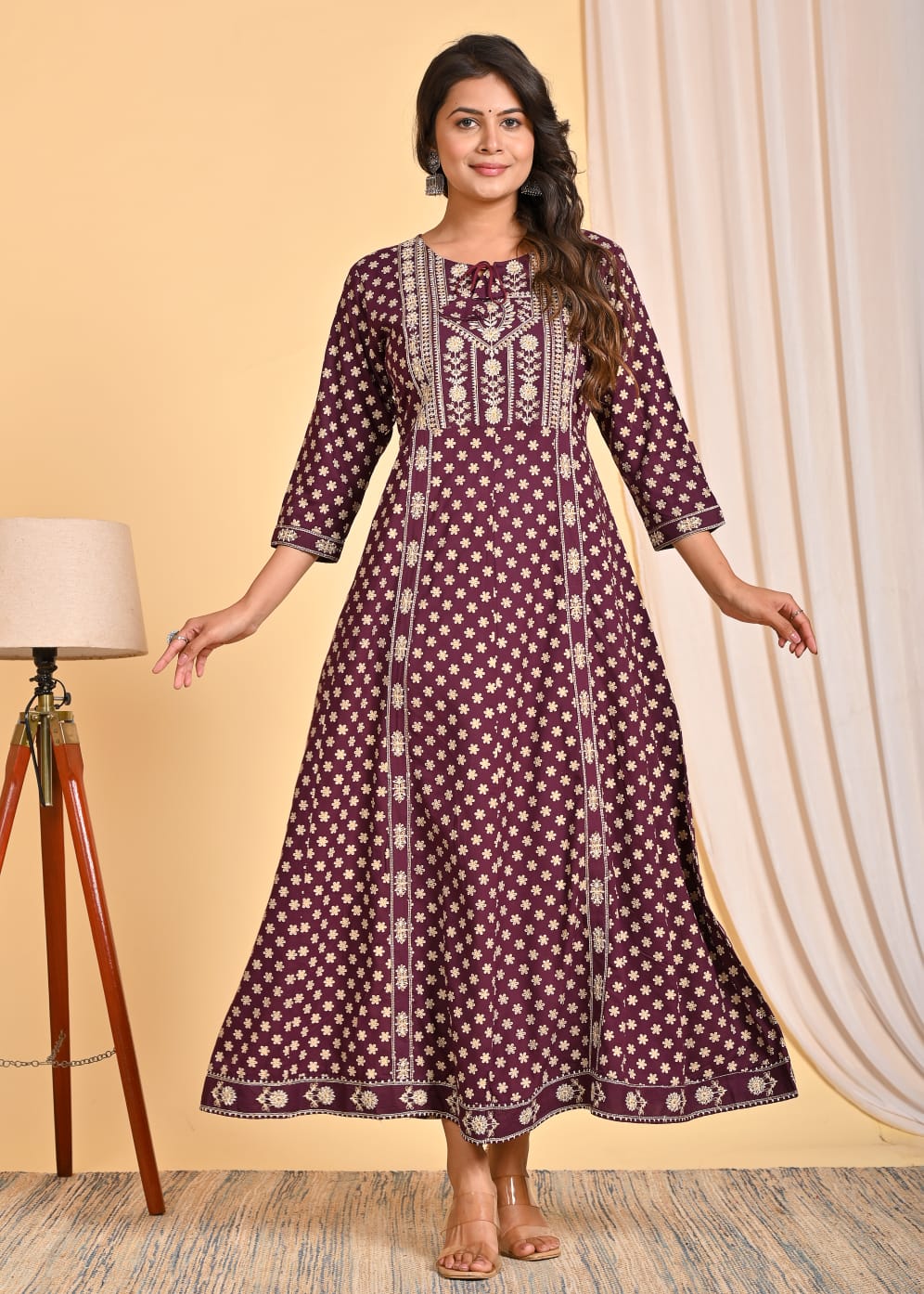 Maroon Printed A-Line Long Kurta with Ethnic MotifsMaroon Printed A-Line Long Kurta with Ethnic Motifs