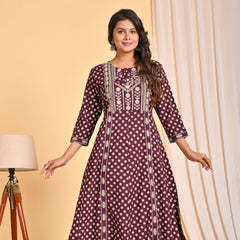 Maroon Printed A-Line Long Kurta with Ethnic MotifsMaroon Printed A-Line Long Kurta with Ethnic Motifs