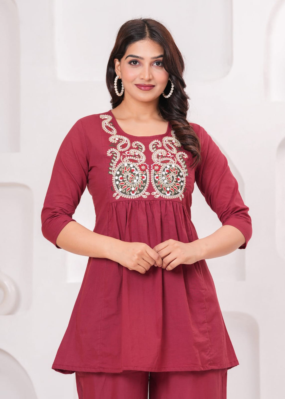 Embroidered Short Kurta Pant Set – Teal Blue, Mustard, Maroon & Light Blue