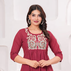 Embroidered Short Kurta Pant Set – Teal Blue, Mustard, Maroon & Light Blue